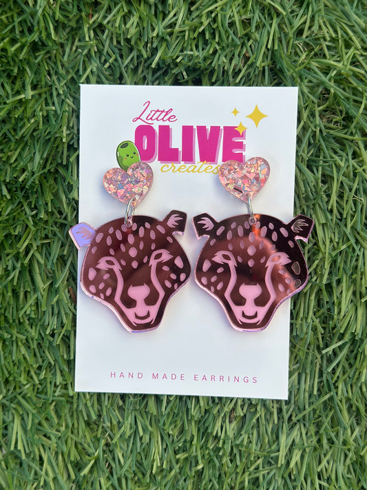 Pink Mirror Cheetah Dangle Earrings | Funky Acrylic Statement Earrings | Lightweight Hypoallergenic Jewelry