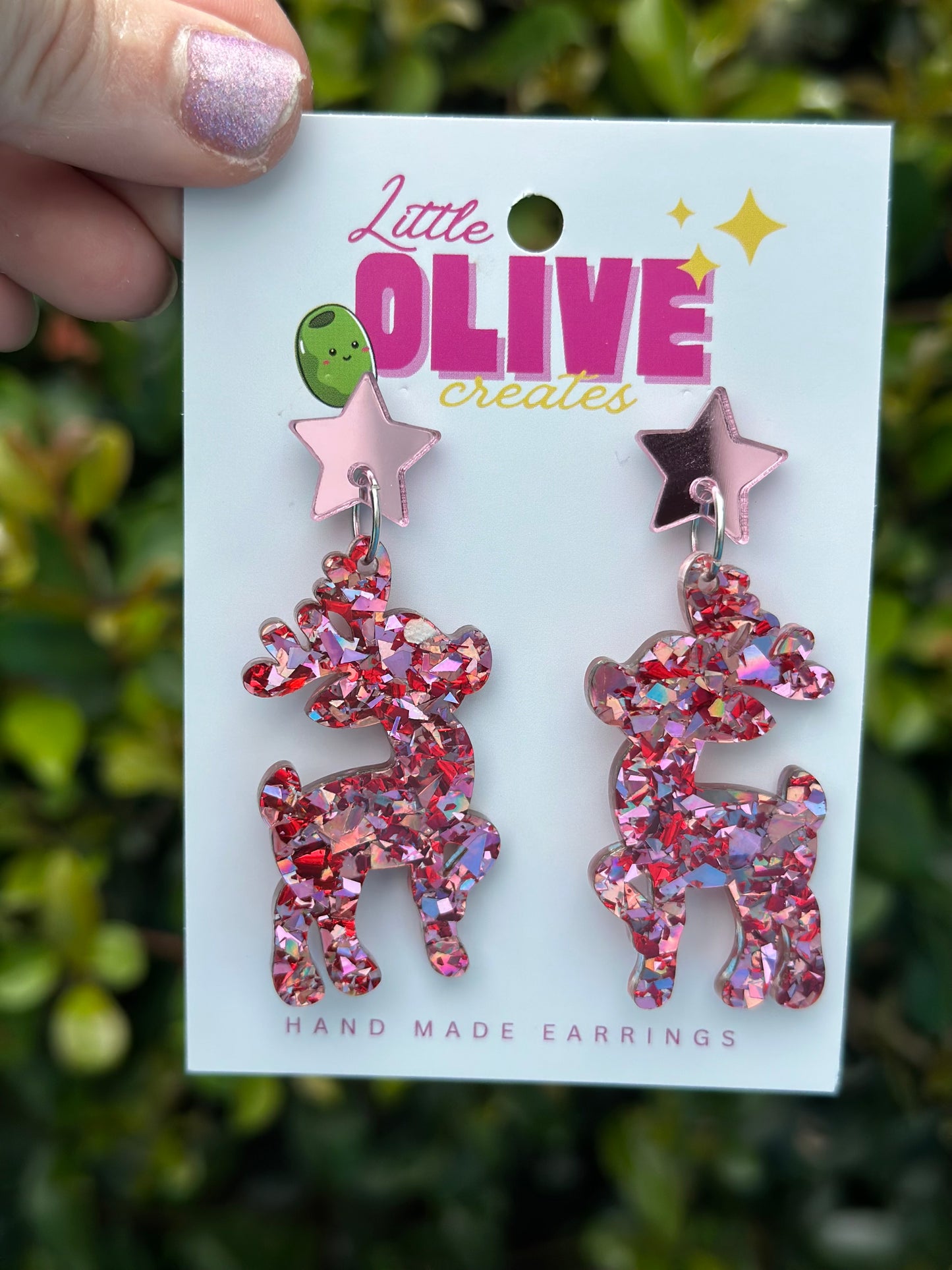 Gorgeous Reindeer Christmas Confetti Glitter Drop Earrings - Festive Holiday Magic