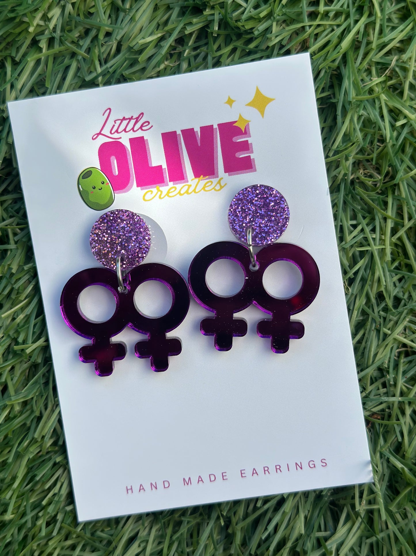 💜 Purple Mirror & Glitter Femme Love Dangle Earrings | Pride Statement Jewelry