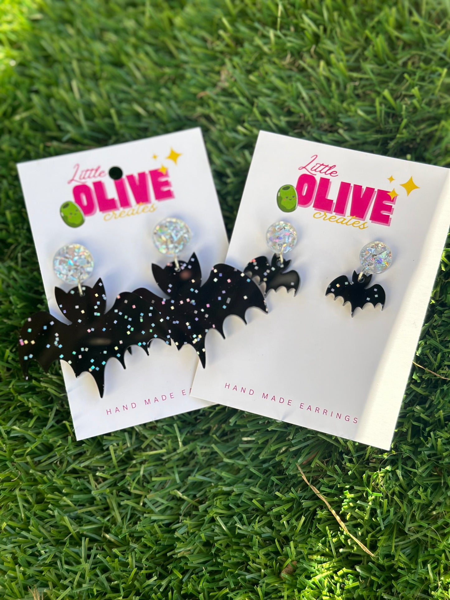 Quirky Glitter Bat Halloween Dangle Earrings - Two Sizes Available!