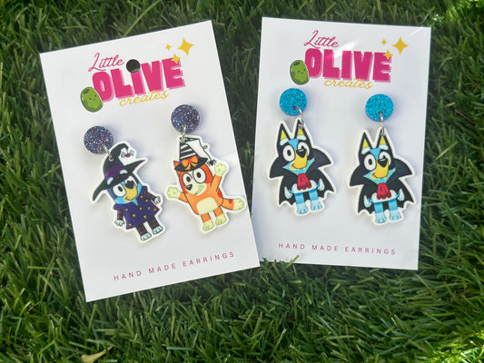 Bluey Halloween Earrings - Vampire Bluey and Witchy Bluey and Bingo