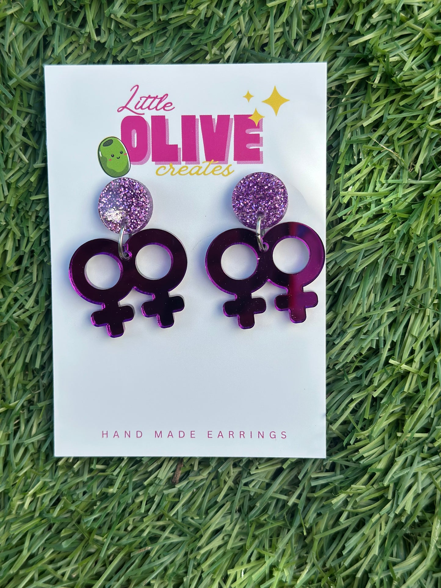 💜 Purple Mirror & Glitter Femme Love Dangle Earrings | Pride Statement Jewelry