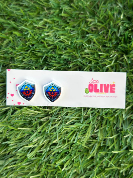 Legend of Zelda Link Shield Stud Earrings – Geeky Gamer Jewelry, Hypoallergenic, Nerdy Gift for Her