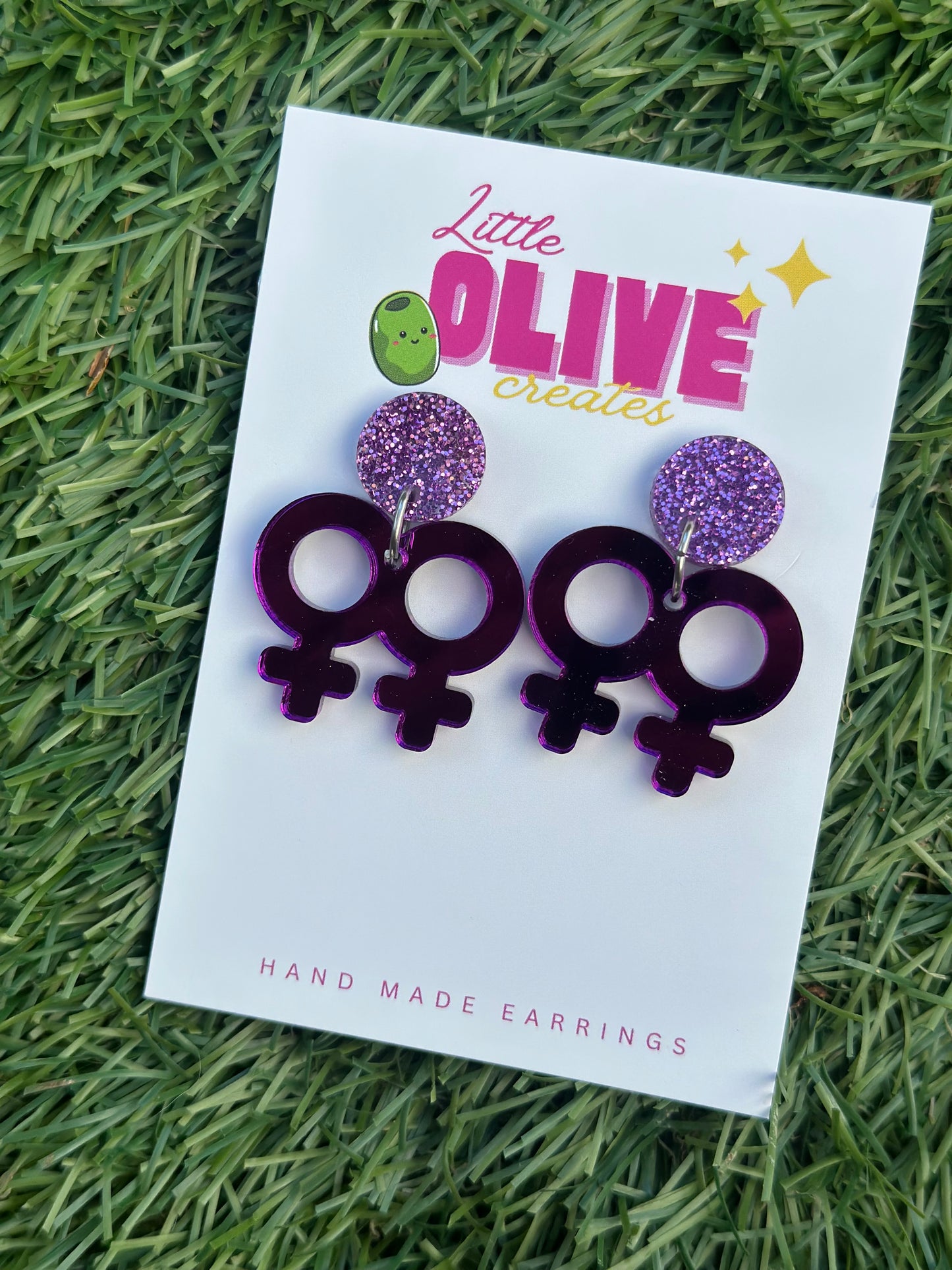 💜 Purple Mirror & Glitter Femme Love Dangle Earrings | Pride Statement Jewelry