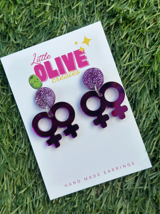 💜 Purple Mirror & Glitter Femme Love Dangle Earrings | Pride Statement Jewelry