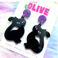 Purple Glitter Black Cat Halloween Statement Earrings