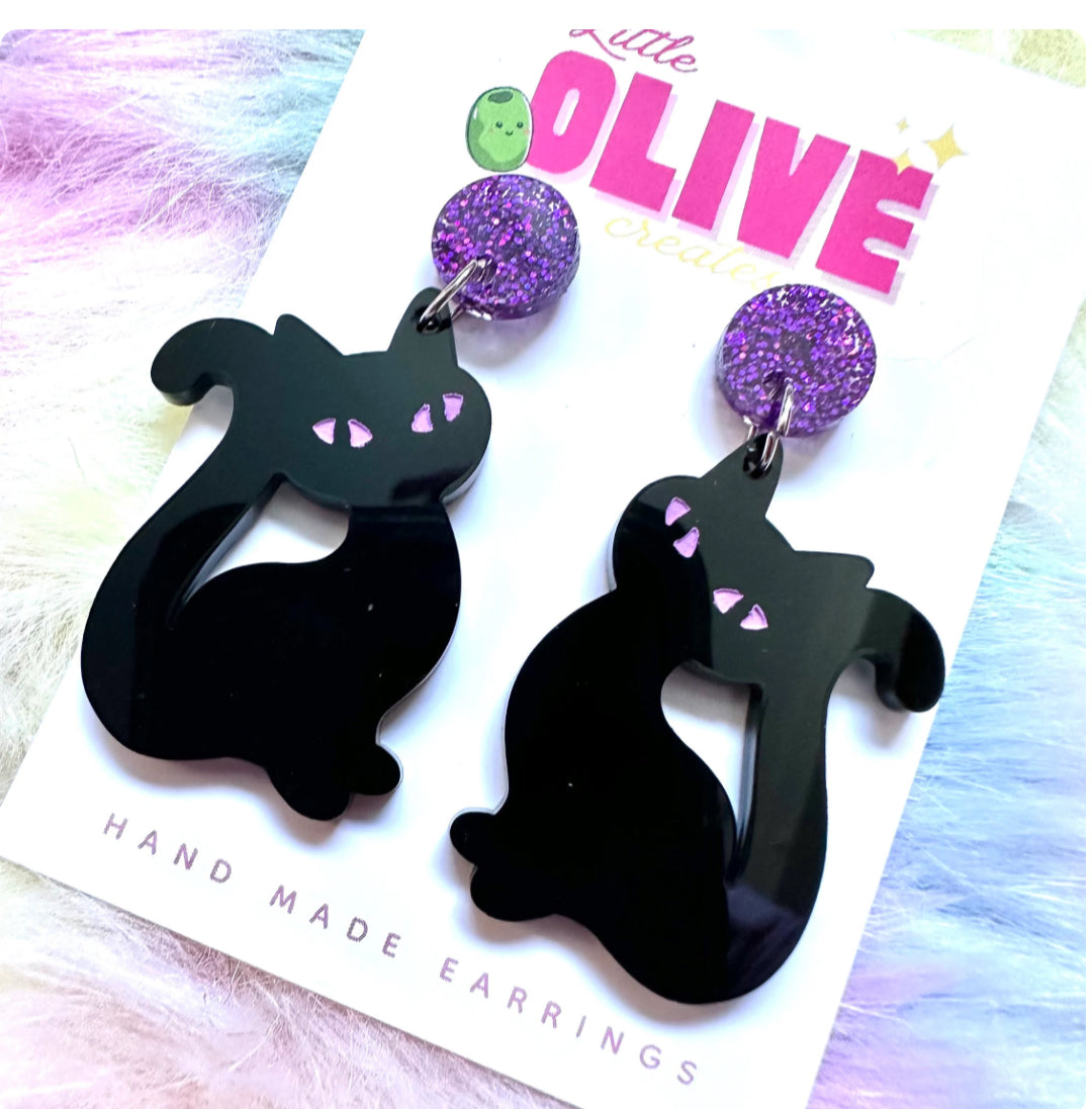 Purple Glitter Black Cat Halloween Statement Earrings
