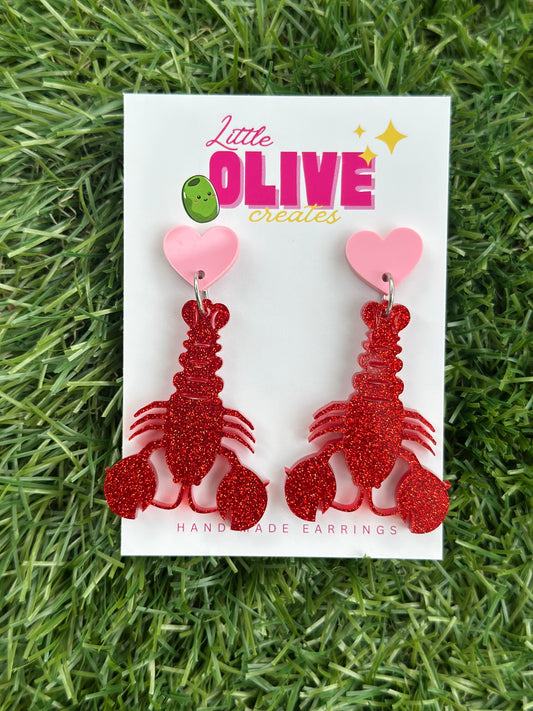 Divine Retro Glam: Sparkly Red & Pink Lobster Dangle Earrings