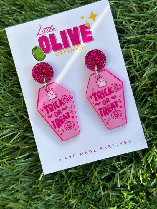 Trick or Treat! Cute Halloween Pink Coffin Earrings