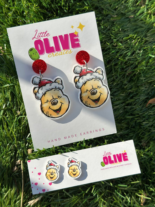 Winnie the Pooh Christmas Dangle & Stud Earrings – Festive Holiday Jewellery