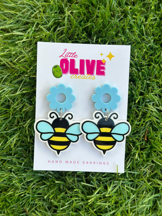 Buzzing Beauty: Cute Bumble Bee Dangle Earrings with Flower Topper