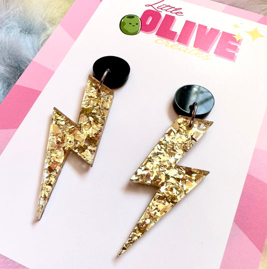 Sparkling Gold Glitter Lightning Bolt Statement Earrings