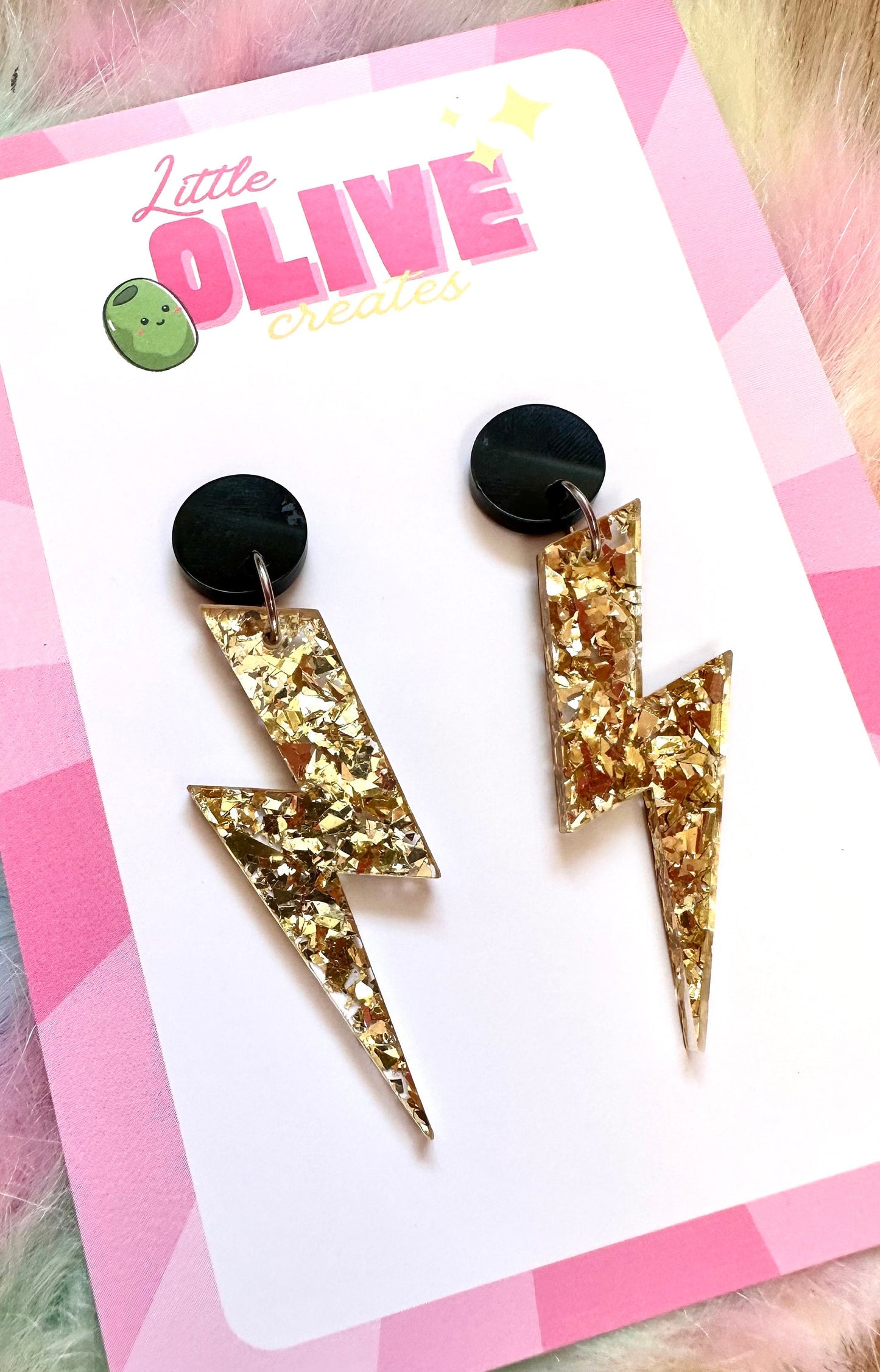 Sparkling Gold Glitter Lightning Bolt Statement Earrings