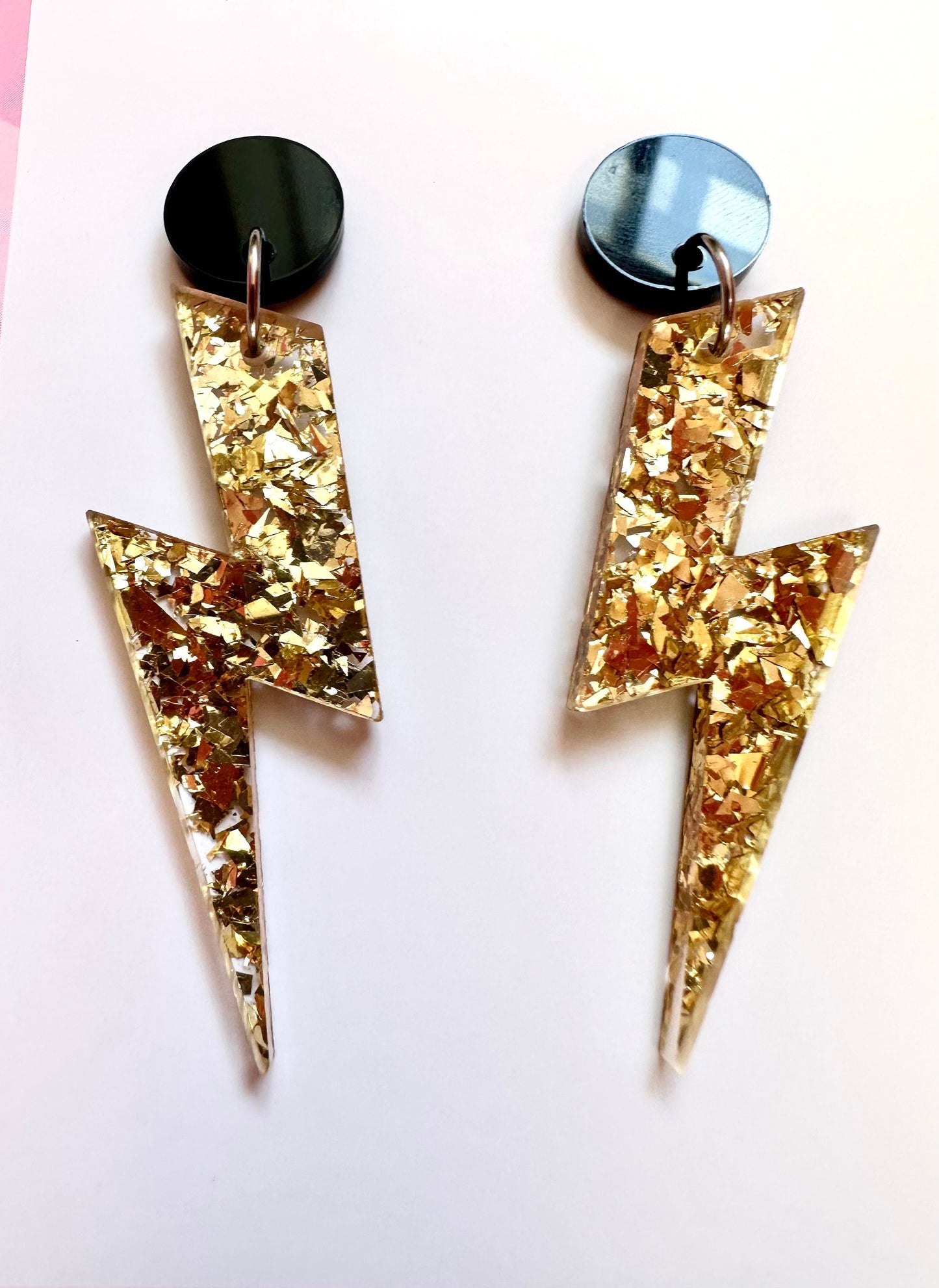 Sparkling Gold Glitter Lightning Bolt Statement Earrings