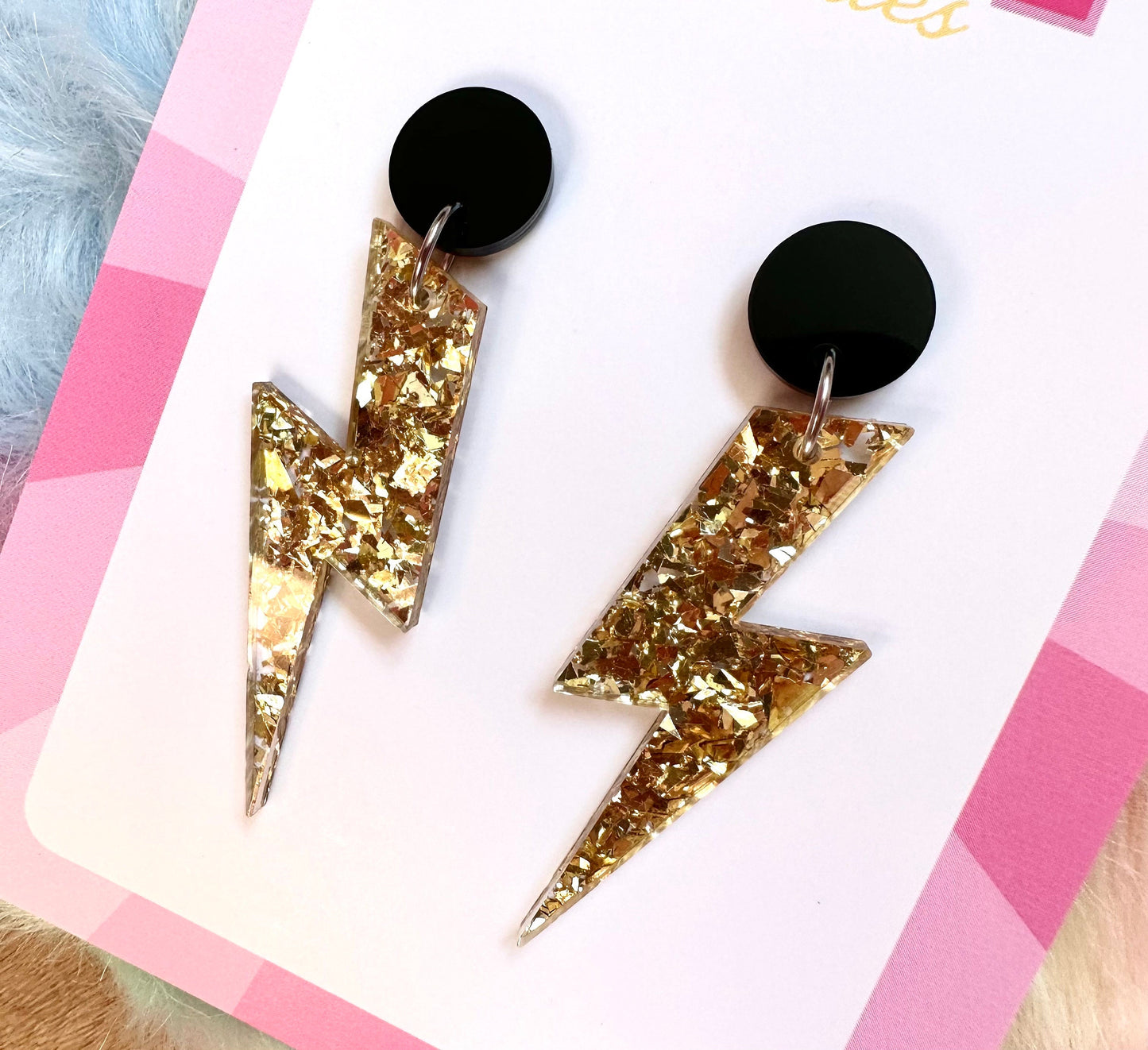Sparkling Gold Glitter Lightning Bolt Statement Earrings