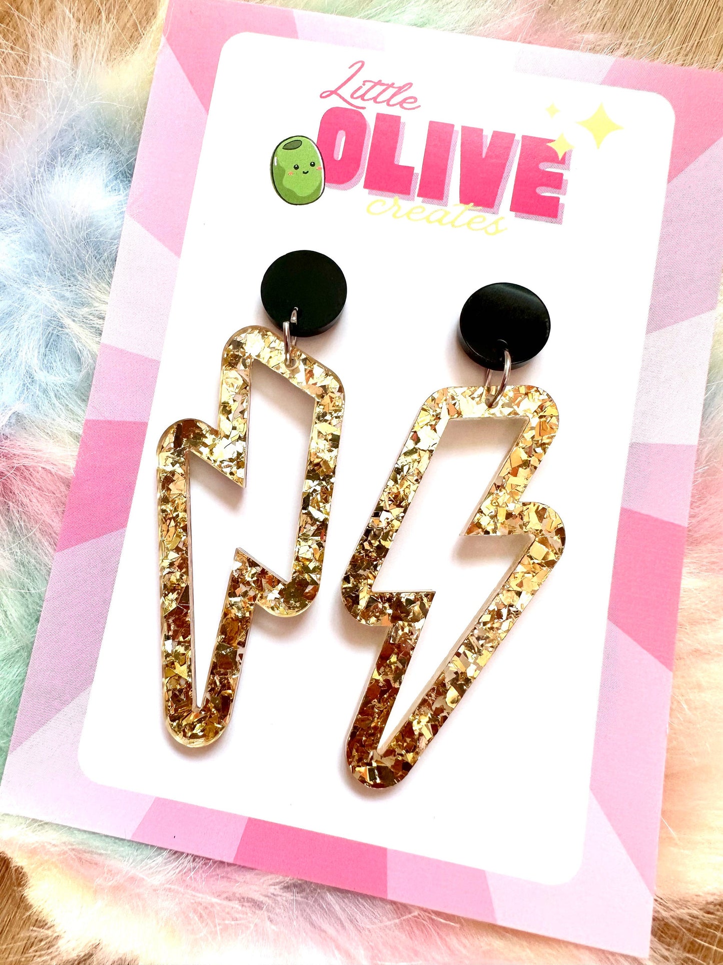 Sparkling Gold Glitter Lightning Bolt Statement Earrings