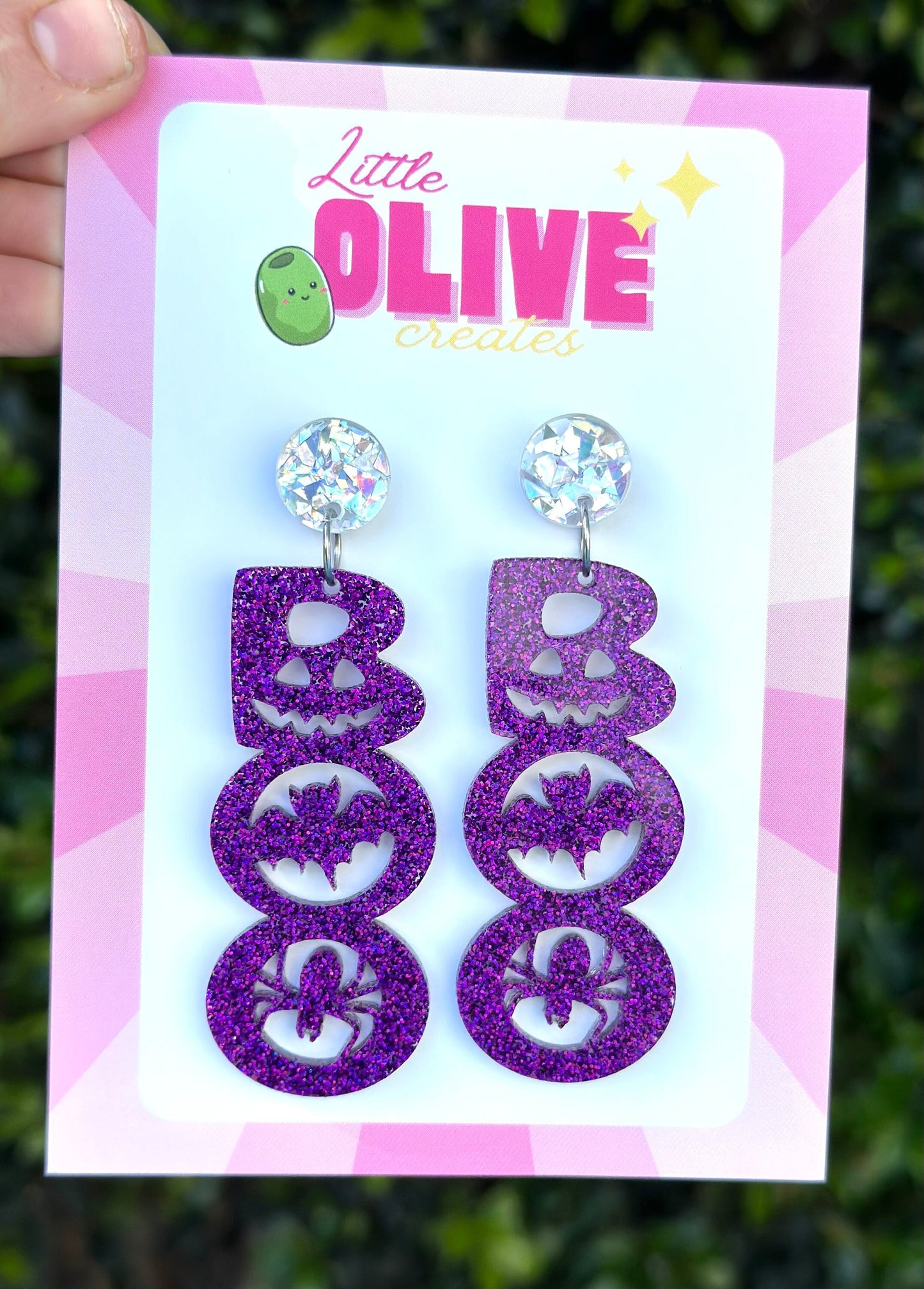 Purple Glitter 'BOO' Halloween Dangle Earrings - Spooky Glamour in Purple