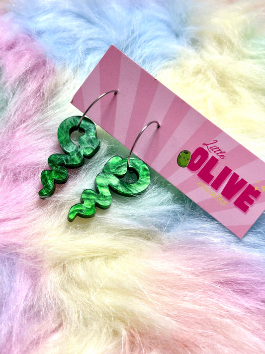Galactic Green Snake Hoop Dangle Earrings - Cosmic Serpentine Allure