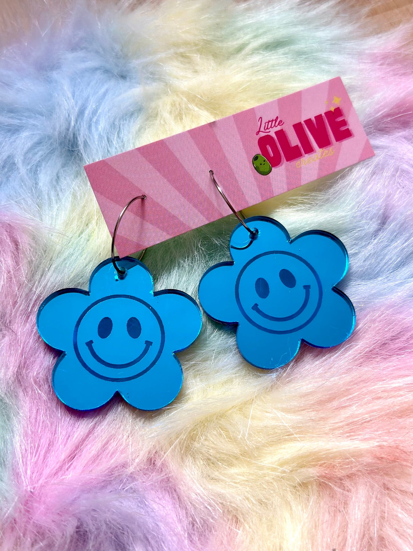 Blue Mirror Smiley Face Retro Hoop Earrings - Nostalgic Cheer in Stainless Steel Hoops
