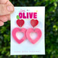 Two-Tone Dangle Heart Earrings - Barbie Inspired - Red Glitter and Neon Pink