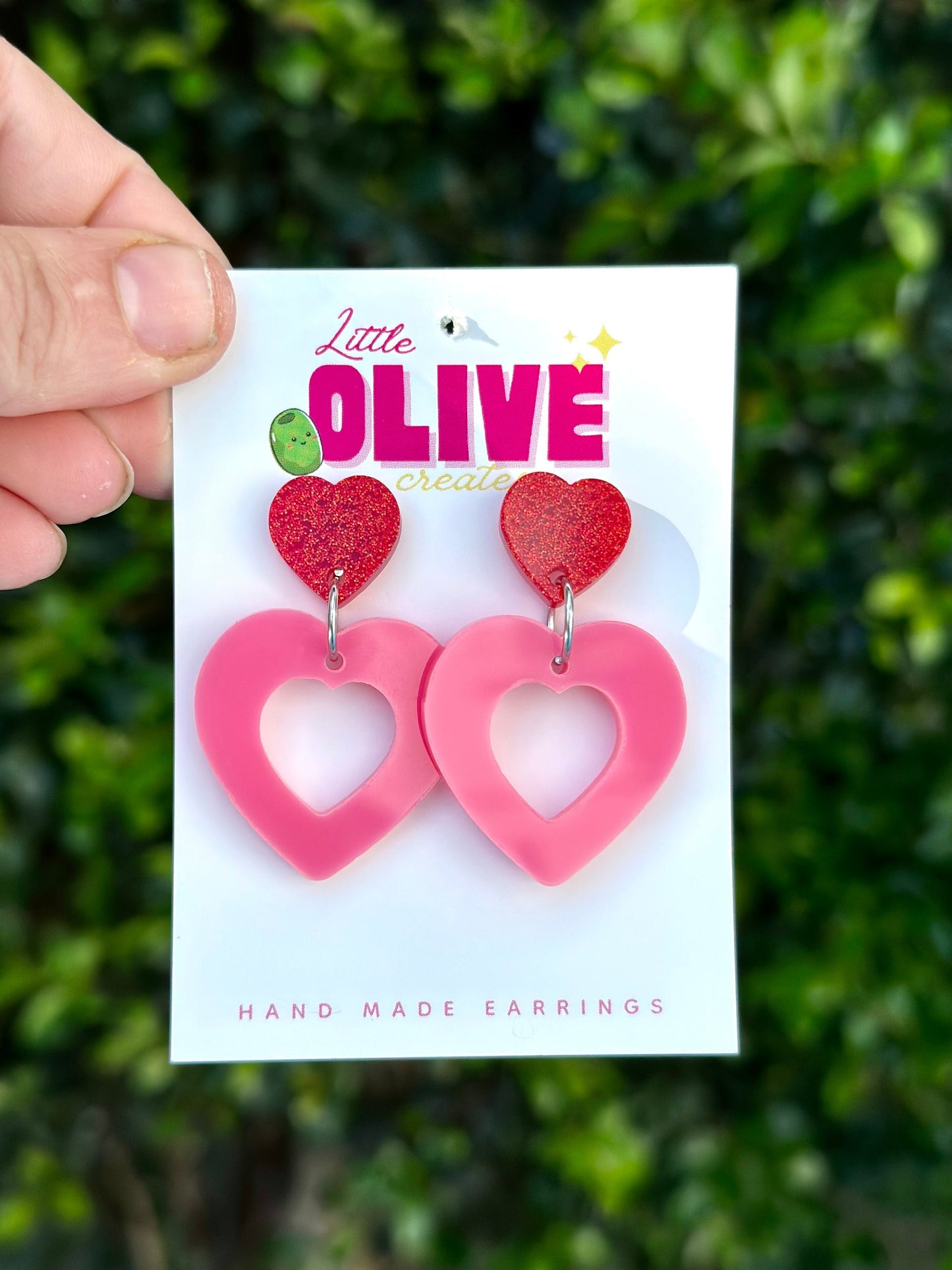 Two-Tone Dangle Heart Earrings - Barbie Inspired - Red Glitter and Neon Pink