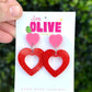 Two-Tone Dangle Heart Earrings - Barbie Inspired - Red Glitter and Neon Pink