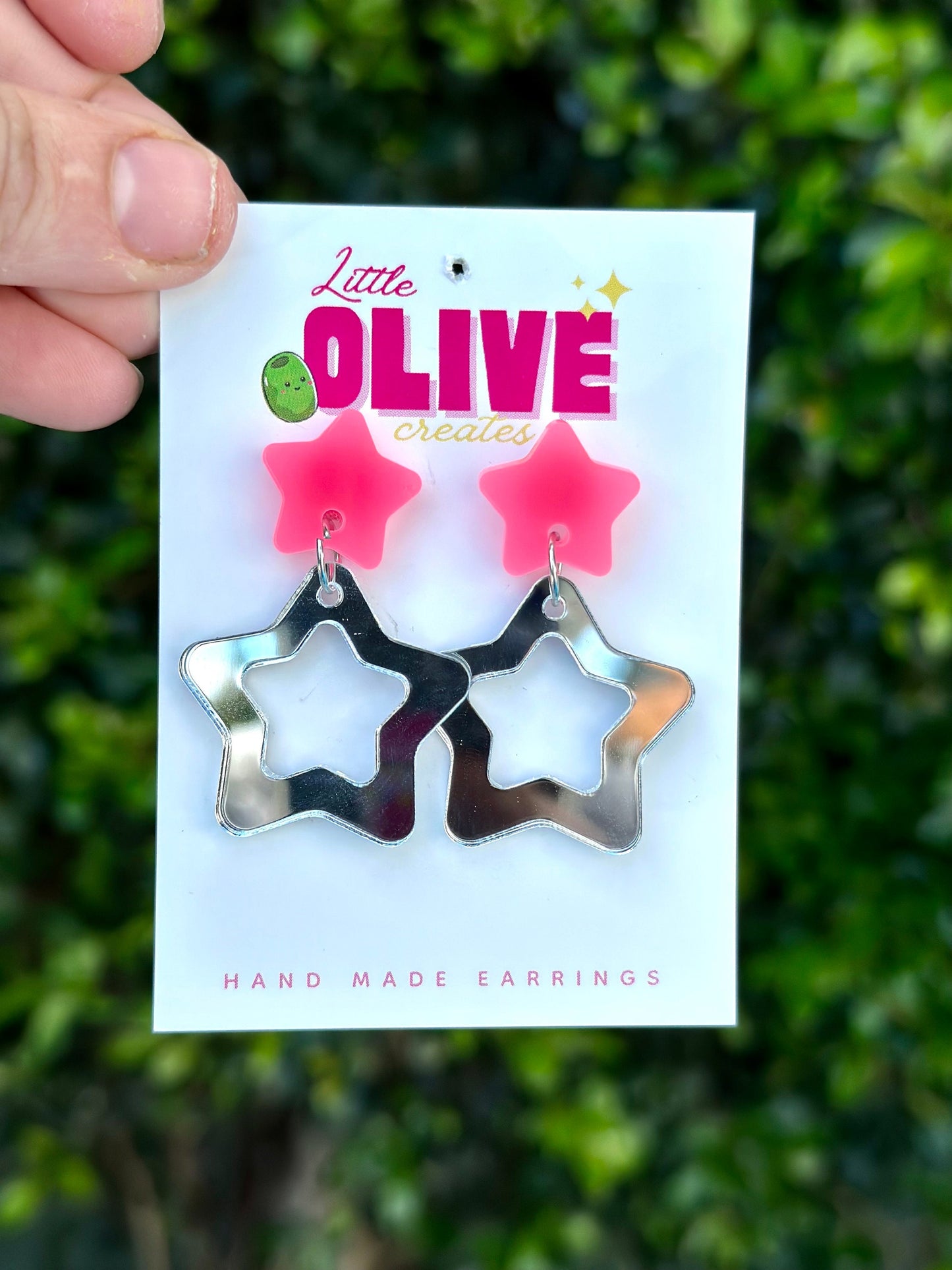 Two-Tone Barbie Inspired Star Earrings - Silver Mirror and Neon Pink Glamour
