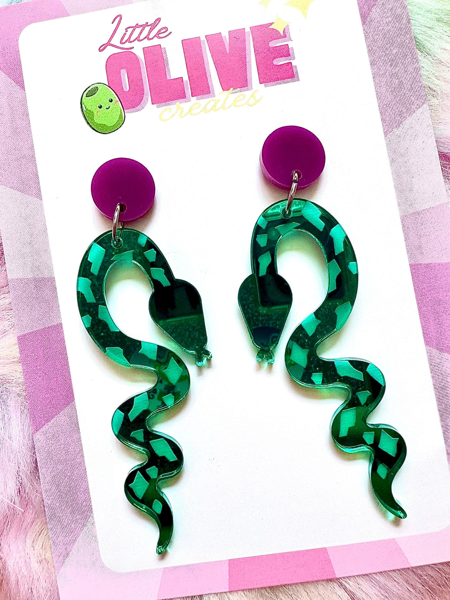 Green Mirror Snake Statement Earrings - Captivating Serpentine Elegance