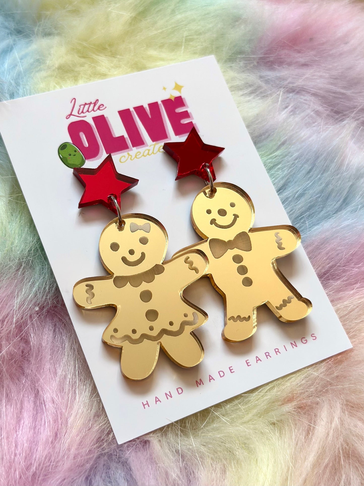 Gorgeous Gold Mirror Mr. and Mrs. Gingerbread Christmas Cookies Earrings - Sweet Holiday Duo