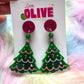 Pink Christmas Hand Painted Christmas Tree Earrings - Festive Holiday Charm