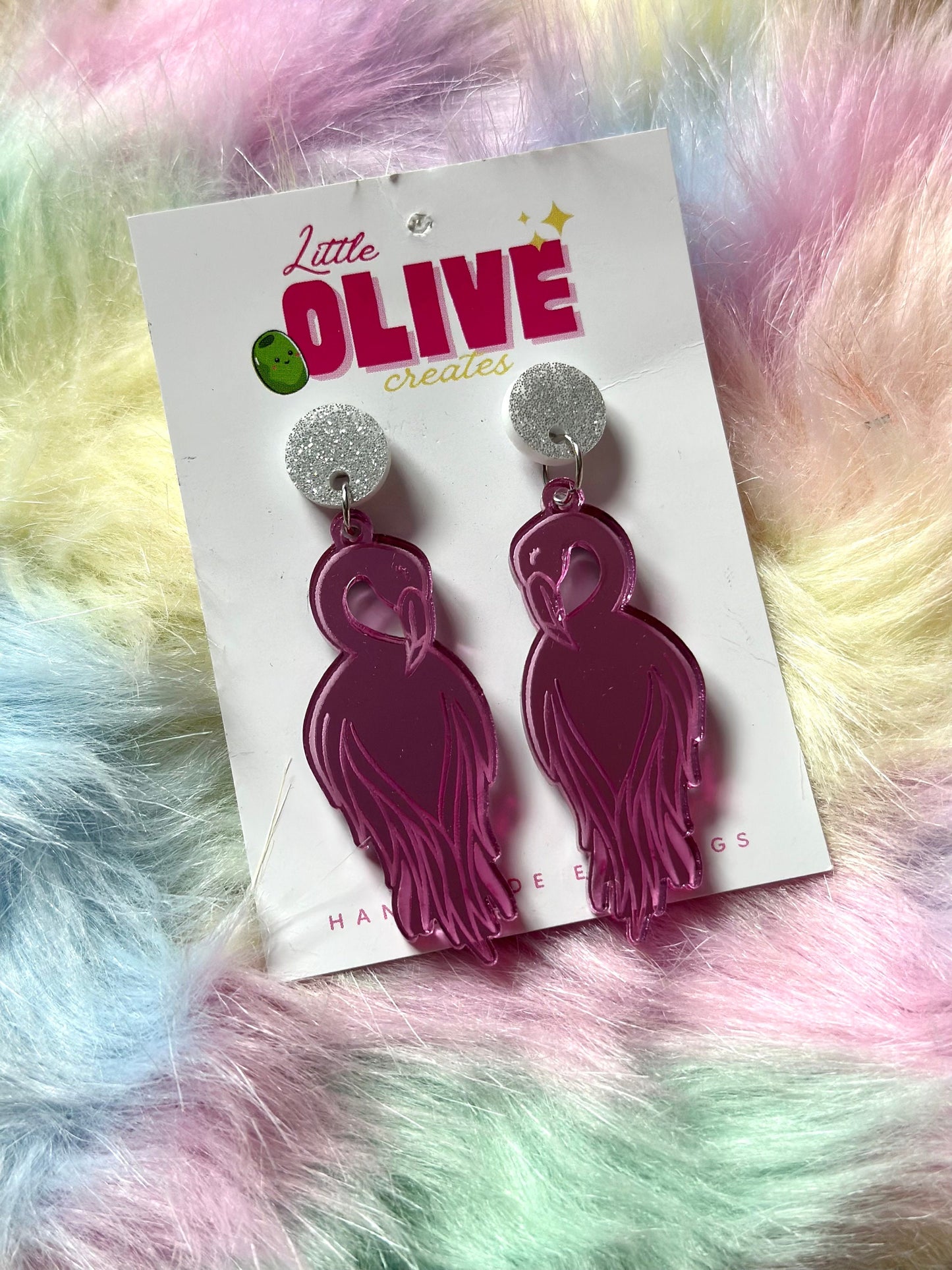 Pink Mirror Flamingo Dangle Earrings - Elegant Statement Jewellery