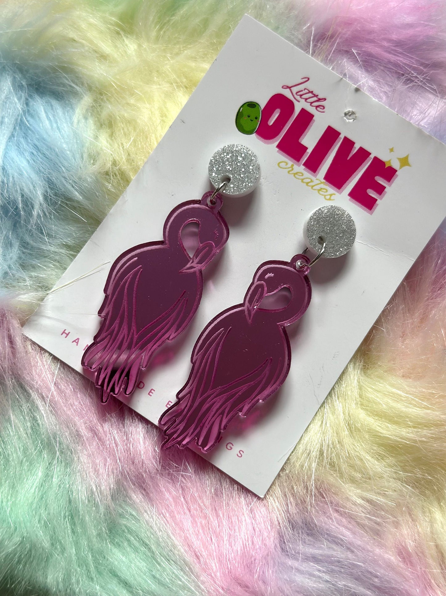 Pink Mirror Flamingo Dangle Earrings - Elegant Statement Jewellery