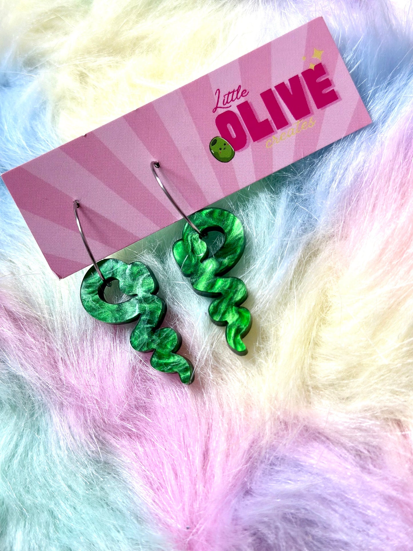 Galactic Green Snake Hoop Dangle Earrings - Cosmic Serpentine Allure