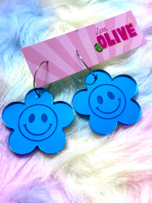 Blue Mirror Smiley Face Retro Hoop Earrings - Nostalgic Cheer in Stainless Steel Hoops