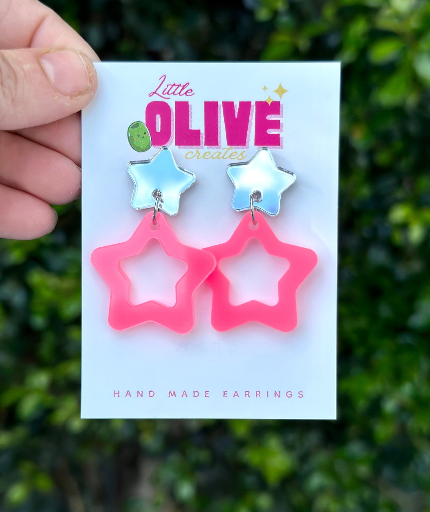 Two-Tone Barbie Inspired Star Earrings - Silver Mirror and Neon Pink Glamour