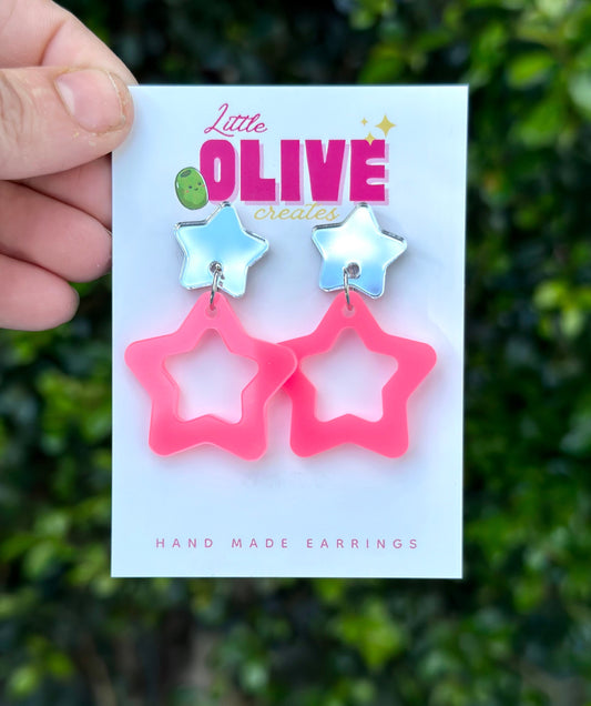 Two-Tone Barbie Inspired Star Earrings - Silver Mirror and Neon Pink Glamour