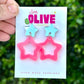 Two-Tone Barbie Inspired Star Earrings - Silver Mirror and Neon Pink Glamour