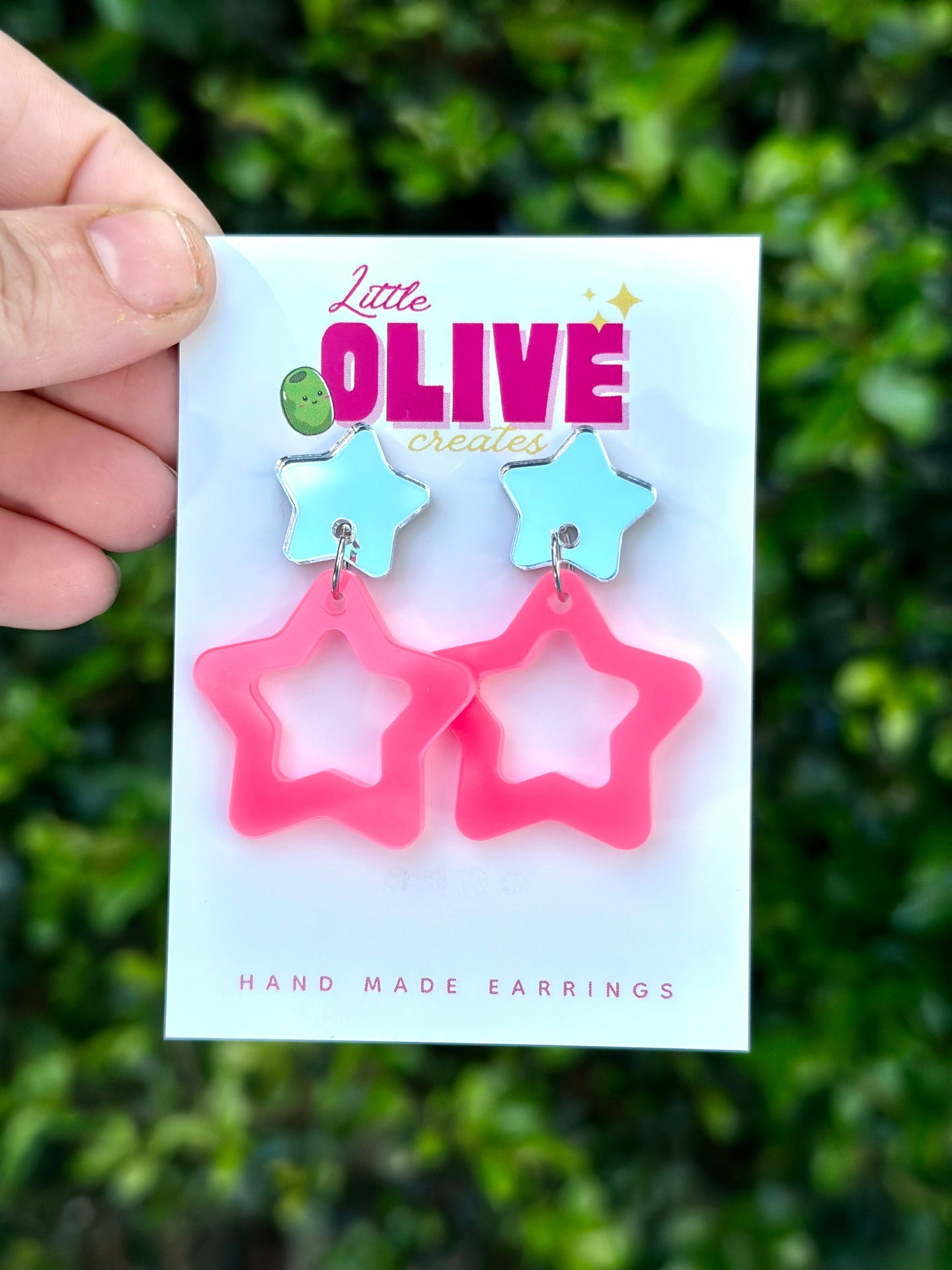 Two-Tone Barbie Inspired Star Earrings - Silver Mirror and Neon Pink Glamour