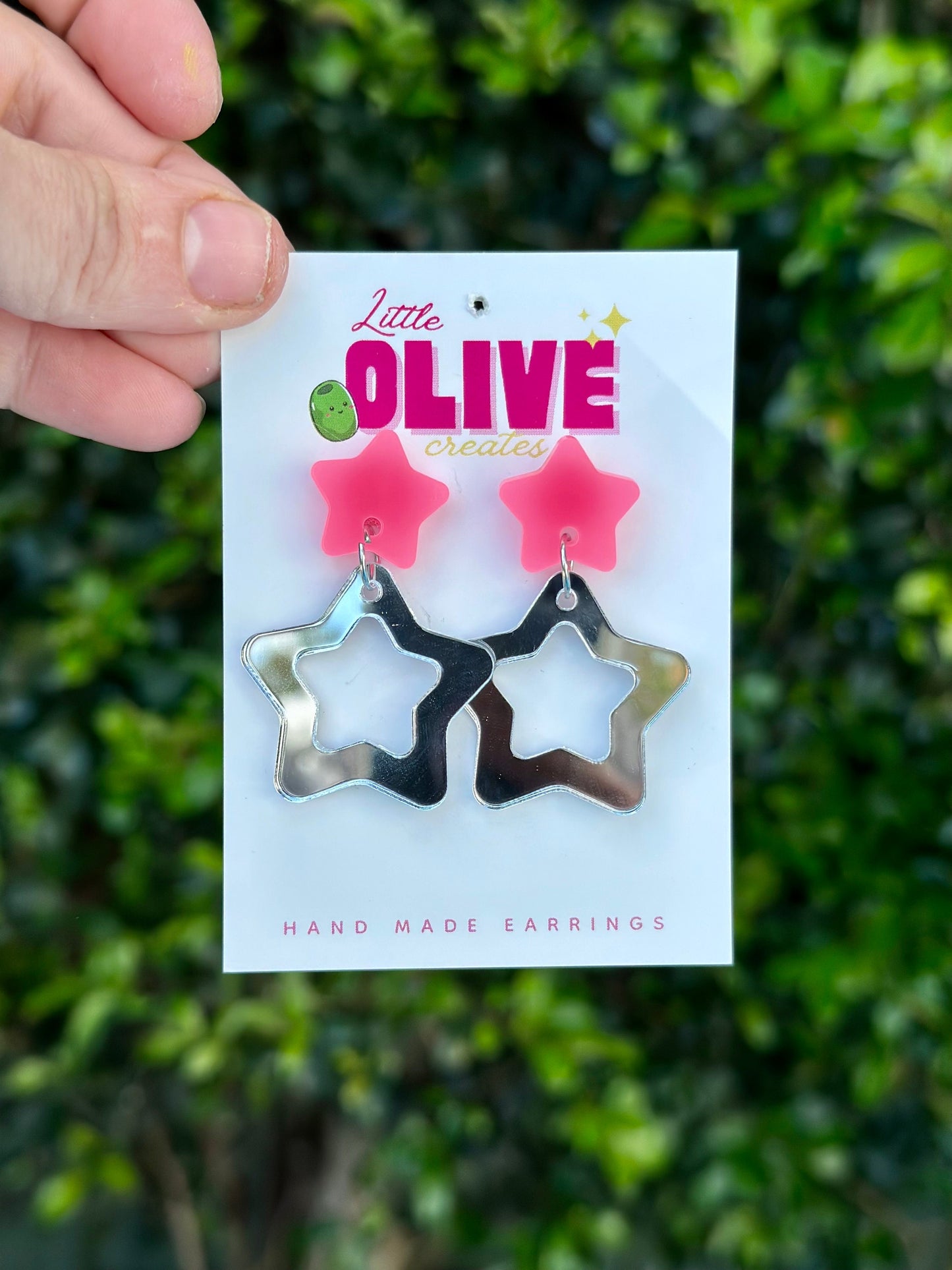Two-Tone Barbie Inspired Star Earrings - Silver Mirror and Neon Pink Glamour