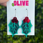 Gorgeous Double Layer Etched Mirror Christmas Holly Hoop Dangle Earrings - Festive Radiance