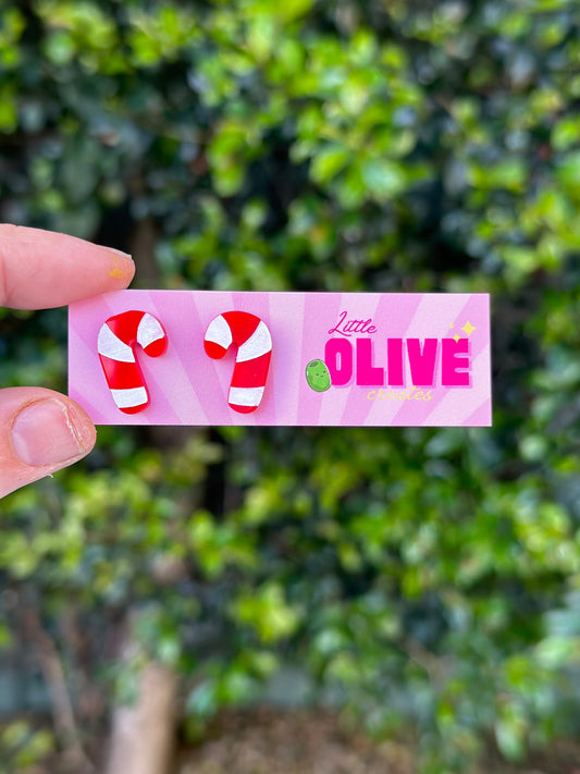 Adorable Hand Painted Candy Cane Stud Earrings - Festive Sweetness