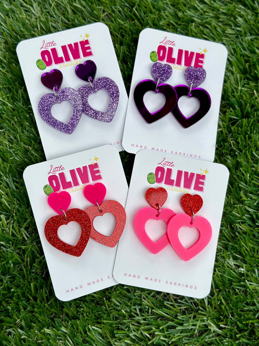Two-Tone Dangle Heart Earrings - Barbie Inspired - Red Glitter and Neon Pink