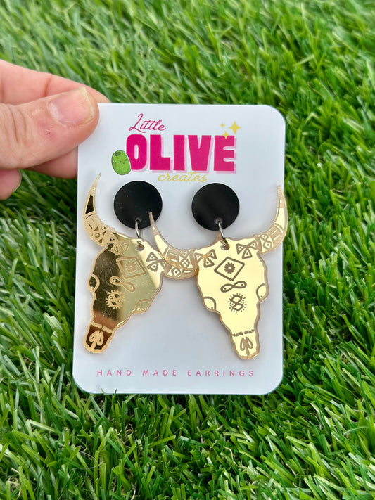 Gold Etched Mirror Bull Skull Dangle Earrings - Western Elegance for Your Ears