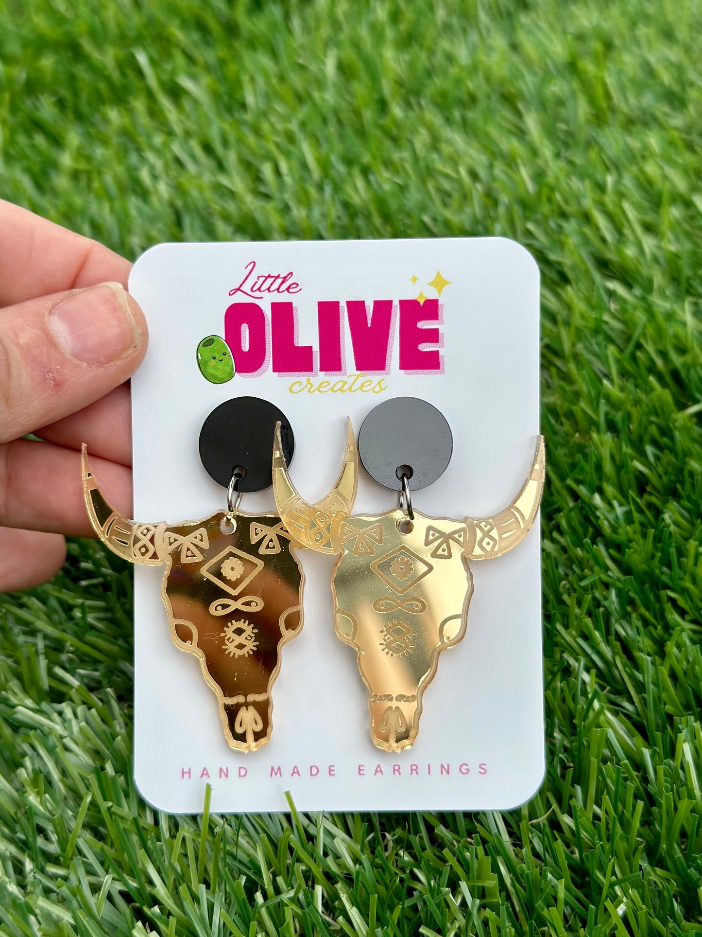 Gold Etched Mirror Bull Skull Dangle Earrings - Western Elegance for Your Ears