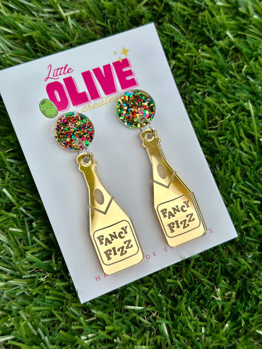 Fancy Fizz' Gold Mirror Champagne Bottle Earrings - New Year's Sparkle