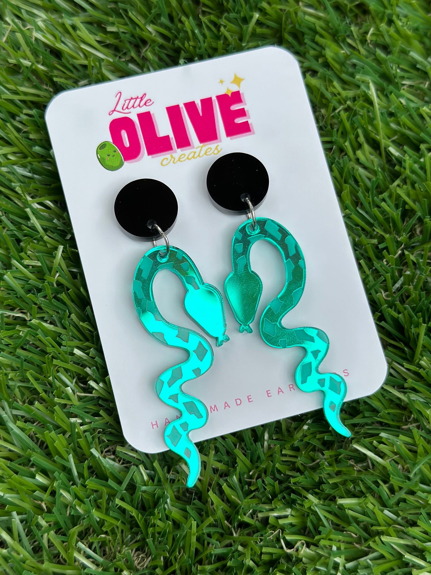 Green Mirror Snake Statement Earrings - Captivating Serpentine Elegance