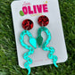 Green Mirror Snake Statement Earrings - Captivating Serpentine Elegance