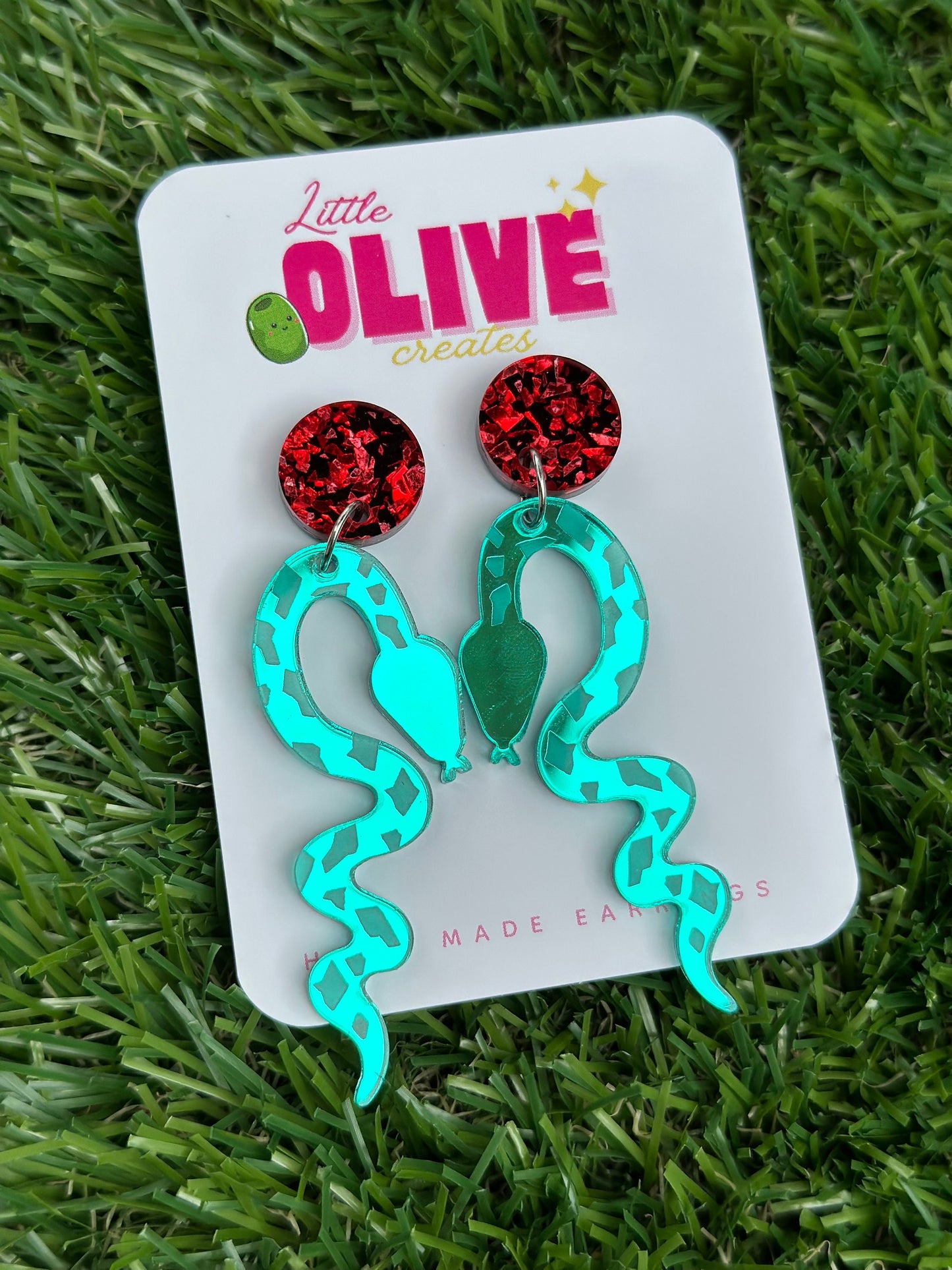 Green Mirror Snake Statement Earrings - Captivating Serpentine Elegance