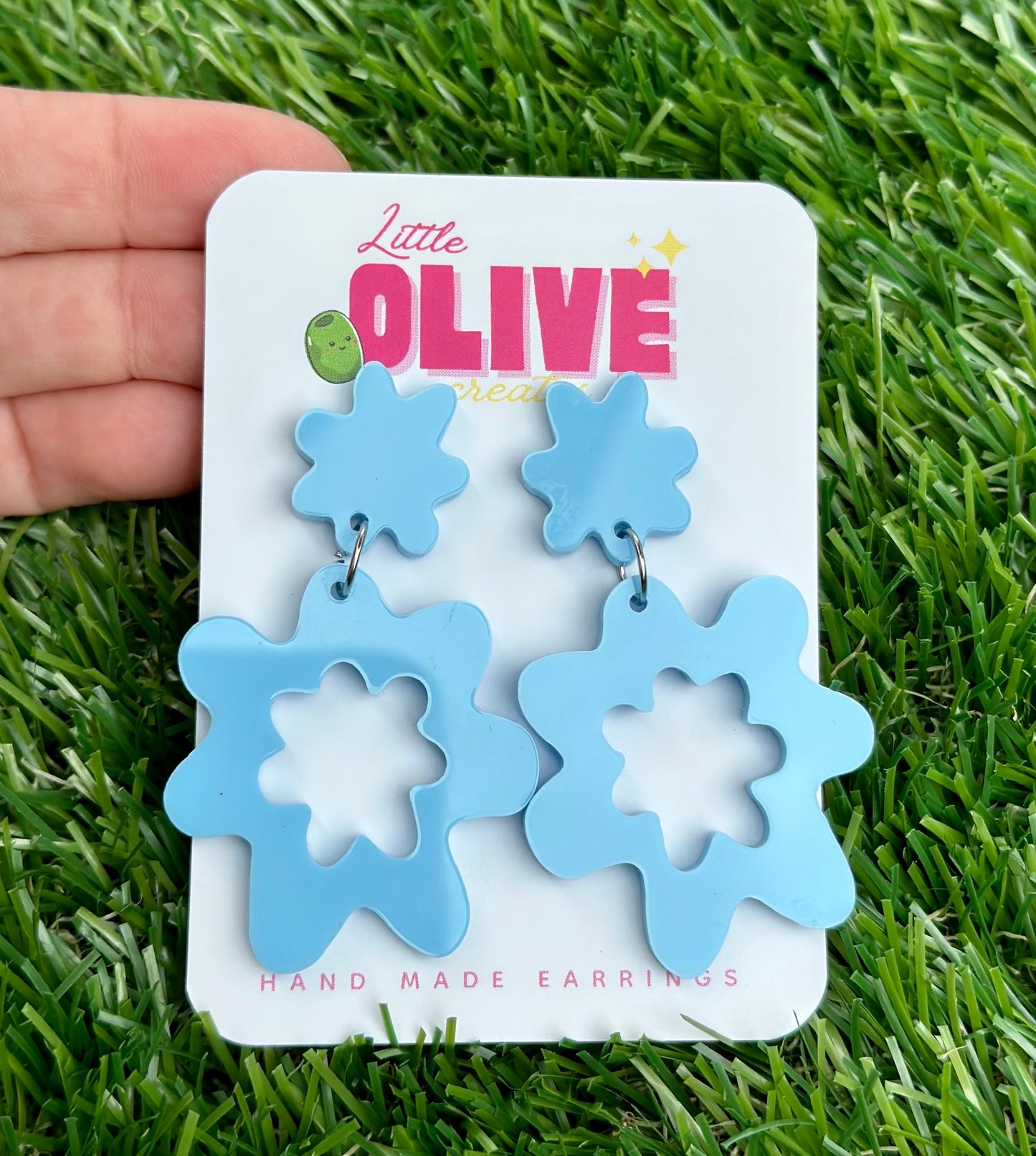 Quirky Abstract Blue Flower Earrings - Artistic and Playful Design