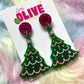 Pink Christmas Hand Painted Christmas Tree Earrings - Festive Holiday Charm